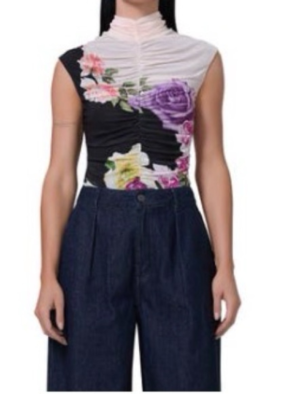 AFRM Floral Ruched Mock Neck Top - Black, White & Purple
